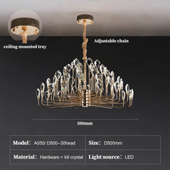 Chandelier with labeled parts and dimensions on a dark background