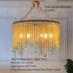 Gold Chain Tassel Chandelier with Teal Teardrop Accents