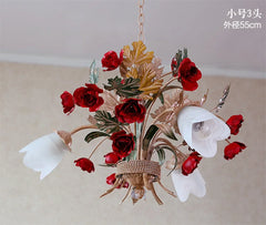 Gold Rose Bud Ceramic Pendant Light Fixture Floral Stems Glass Shades