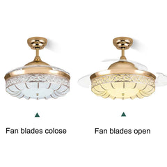 Ceiling fan with illuminated blades shown in two states: closed and open.