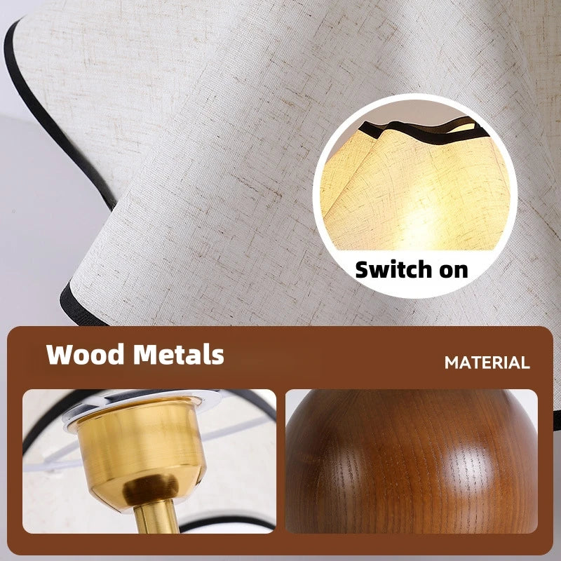 Light fixture with wood and metal components, showing close-up details and material text.