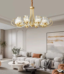 Gold Floral Crystal Chandelier with Fluted Glass Shades