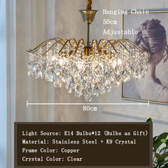 Chandelier with crystal details and measurement text in a room setting