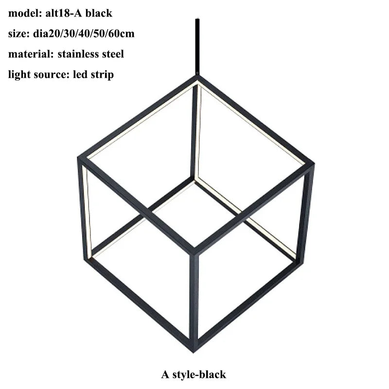 Black geometric pendant light fixture with specifications on a white background