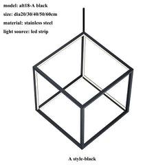 Black geometric pendant light fixture with specifications on a white background