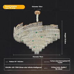 Chandelier with dimensions and specifications on a black background