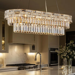 Gold Crystal Tiered Ring Chandelier with Rectangular Faceted Gems