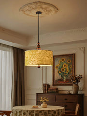 Floral Fabric Drum Pendant Light with Wood Accents