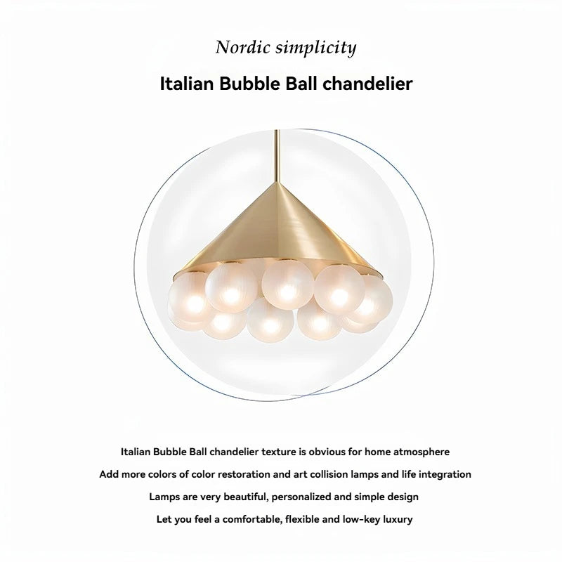 Italian Bubble Ball chandelier with gold fixture and multiple lights on a white background.
