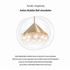 Italian Bubble Ball chandelier with gold fixture and multiple lights on a white background.