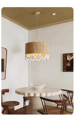 Jute Drum Pendant Light with Natural Wood Beads Accent