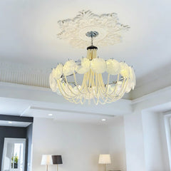 Gold Glass Beaded Chandelier with Pearl Strings Pendant Light
