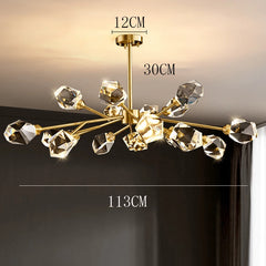 Chandelier with crystal-like fixtures and measurements on a neutral background
