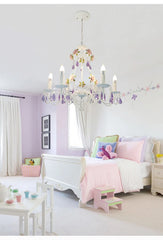 White Metal Chandelier with Rose Buds and Purple Crystal Drops
