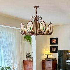 Bronze Chandelier with Frosted Glass and Green Leaf Floral Accents