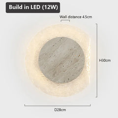 Round wall light fixture with dimensions and LED information on a white background