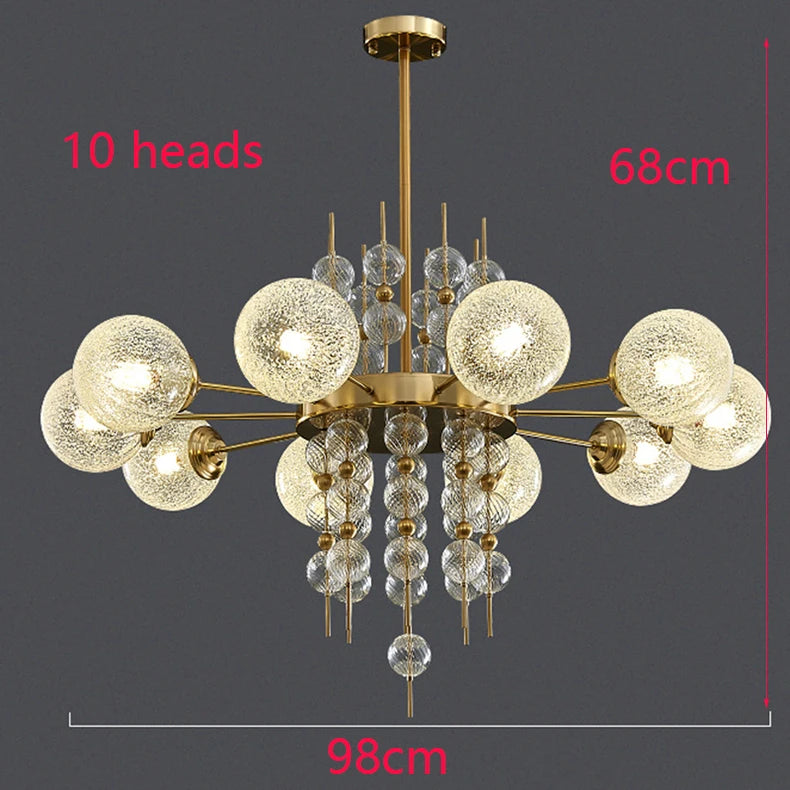Chandelier with 10 glass globe lights on a dark background
