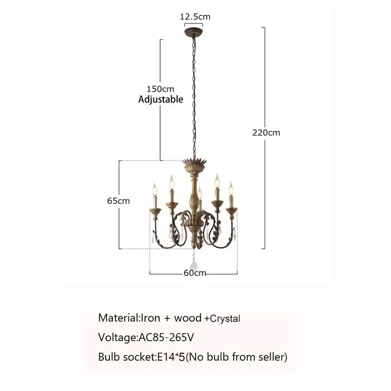Chandelier with dimensions and specifications on a white background