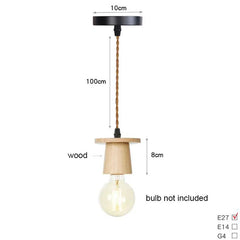 Wooden pendant light with measurements on a white background