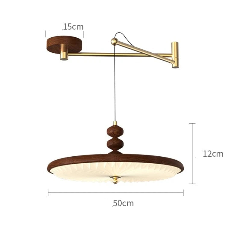 Wooden pendant light with dimensions on a white background