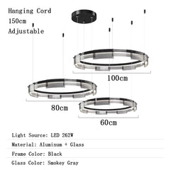 Diagram of a pendant light with dimensions and specifications on a white background