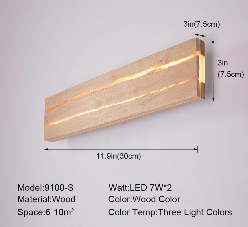 Wooden wall light fixture with dimensions and specifications on a gray background