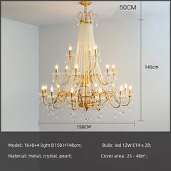 Gold chandelier with crystal accents on a plain background, featuring dimensions and technical details.