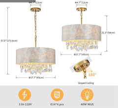 Chandelier with dimensions and installation details on a white background