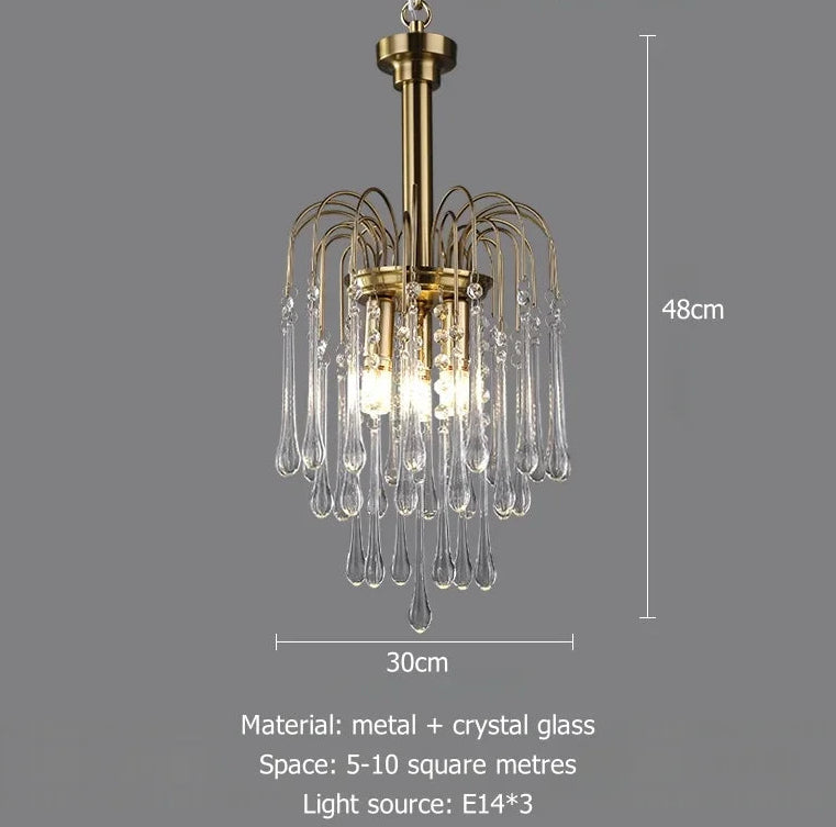 Chandelier with crystal droplets and dimensions on a gray background