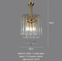 Chandelier with crystal droplets and dimensions on a gray background
