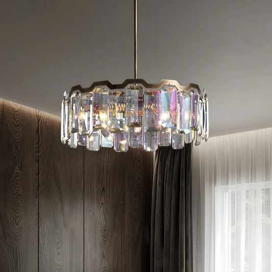 Polished chrome chandelier with cascading faceted crystals