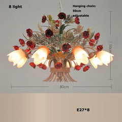 Gold Rose Bud Ceramic Pendant Light Fixture Floral Stems Glass Shades