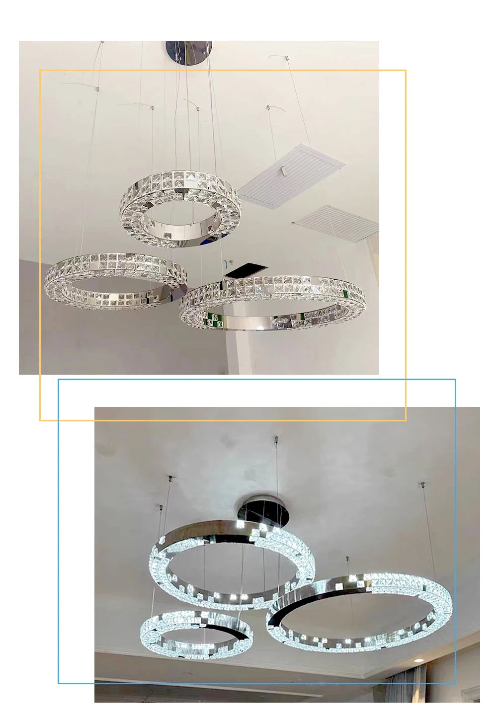 Crystal chandelier hanging from a ceiling with close-up details.