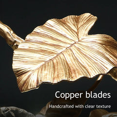 Copper leaf-shaped object with 'Copper blades' text on a dark background