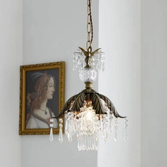 Brass Crystal Chandelier Leaf-Shaped Canopy Pendant Light