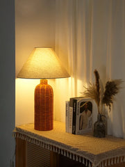 Handwoven Rattan Drum Table Lamp with Fabric Shade