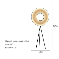 Floor lamp with dimensions and material details on a white background