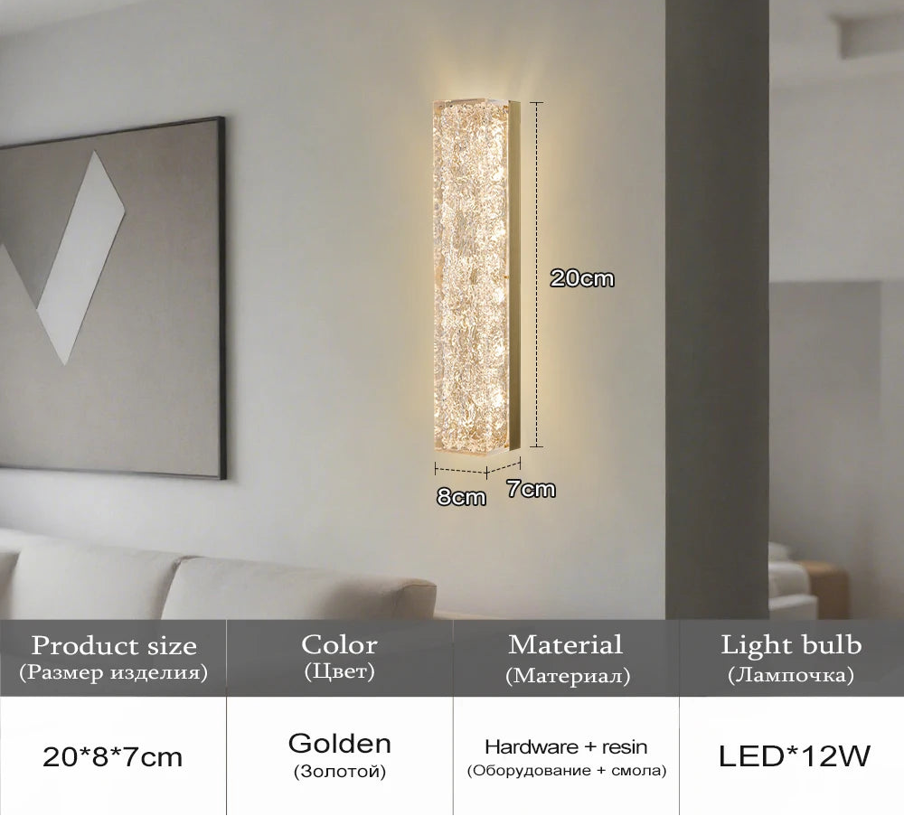 Wall-mounted decorative light fixture with dimensions and product details on a neutral background