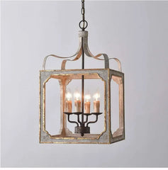 Distressed Gray and Gold Metal Lantern Chandelier with Candle Lights