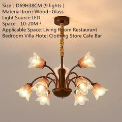 Bronze Floral Chandelier Pendant Light with Frosted Glass Bell Shades