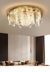 Gold Floral Wave Flush Mount Ceiling Light with Soft Fabric Shades