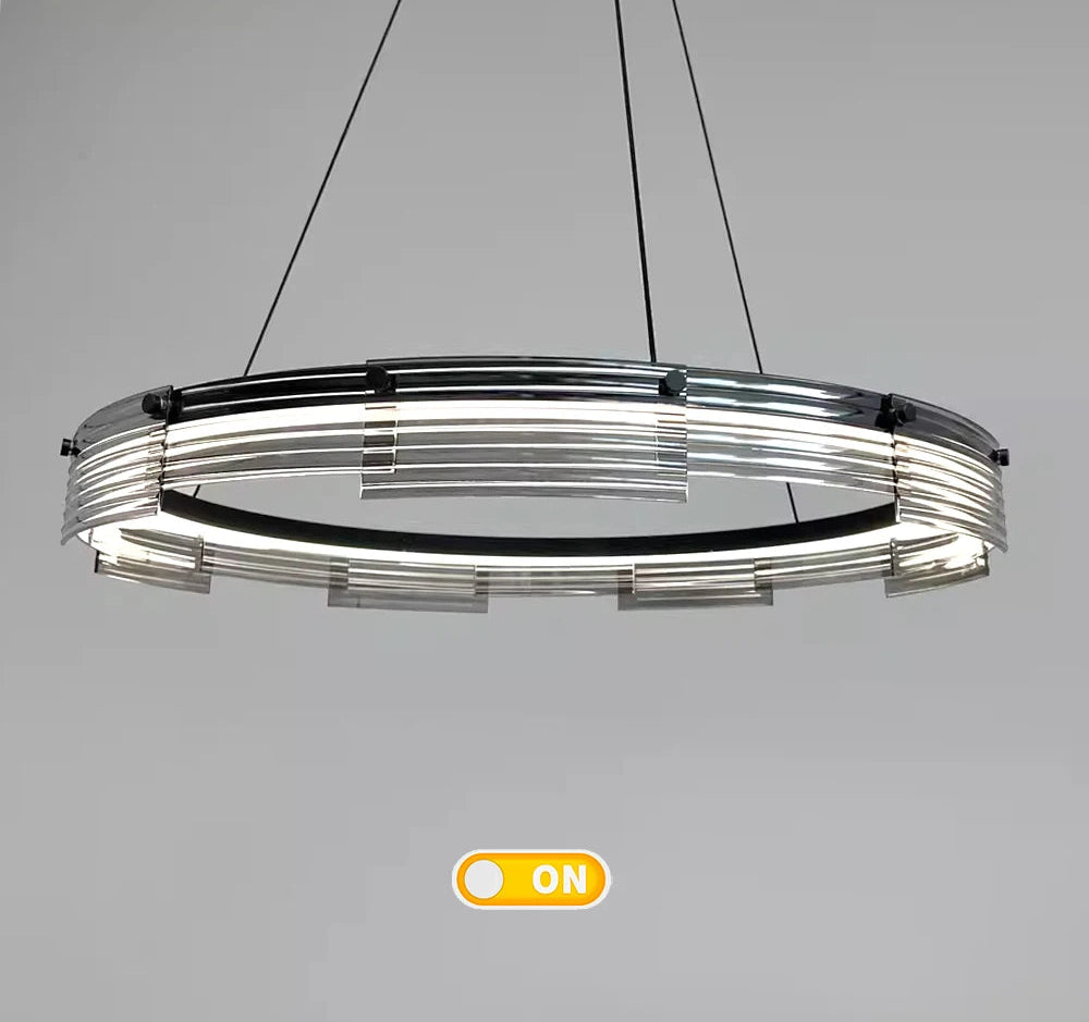 Circular pendant light fixture on a gray background with an 'ON' indicator.