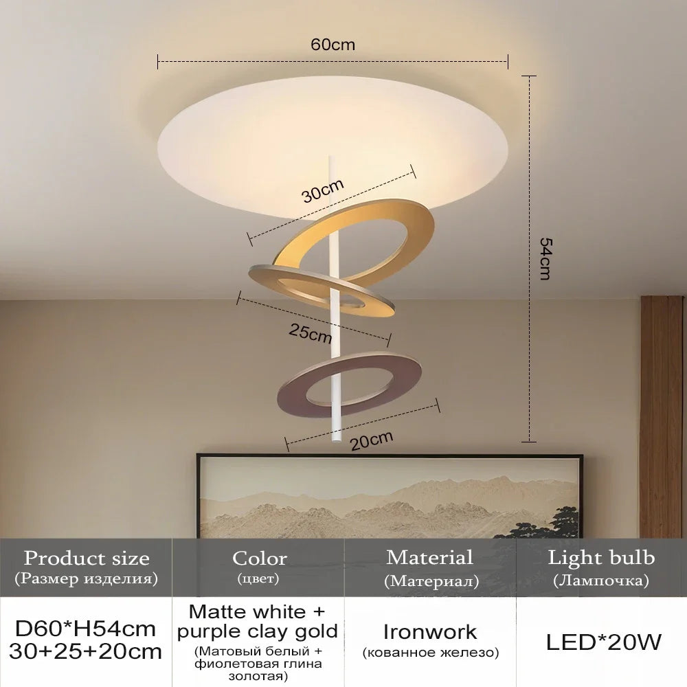Ceiling light fixture with dimensions and product details on a neutral background