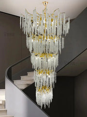 Gold Crystal Tiered Waterfall Chandelier with Cascading Petals