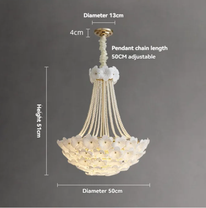 Chandelier with measurements on a gray background