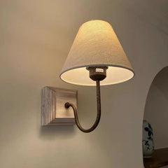 Rustic Wood Square Wall Sconce with Textured Fabric Cone Shade