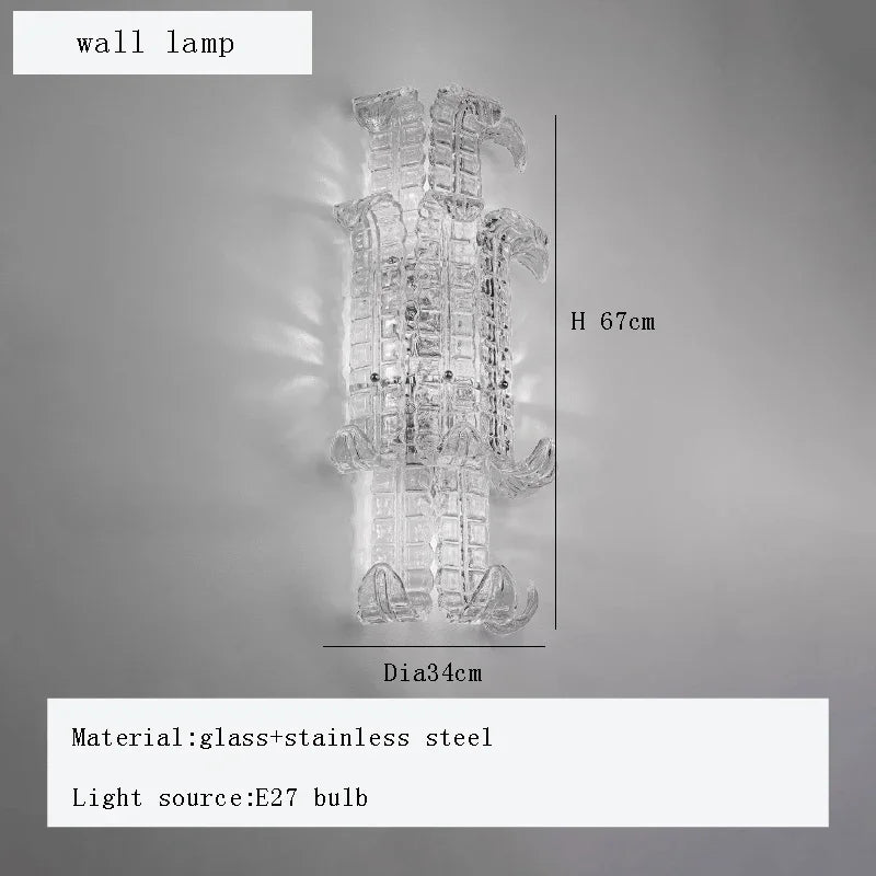 Wall-mounted crystal lamp with dimensions and material details on a gray background