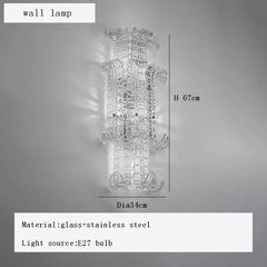 Wall-mounted crystal lamp with dimensions and material details on a gray background