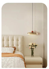 Modern Blue Oval Pendant Light with Red Orb and Frosted Glass Accents