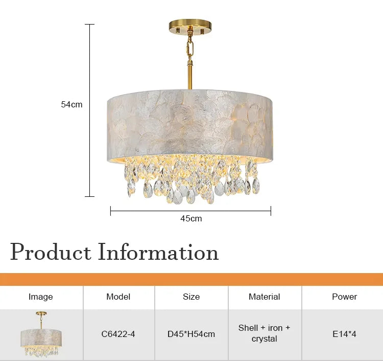 Chandelier with dimensions and product information on a white background